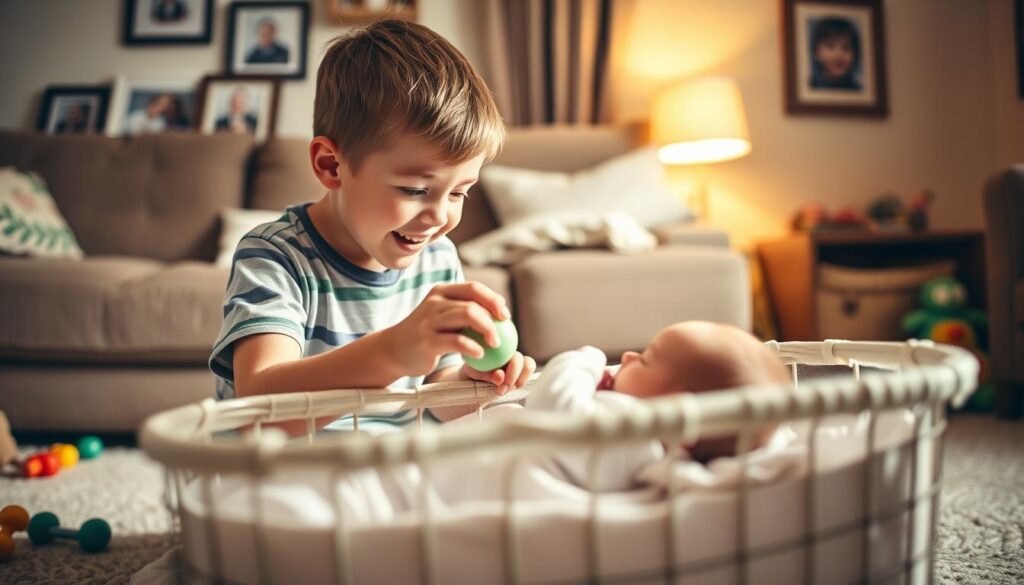 A cozy living room scene with a young boy, around 5-7 years old, sitting on the floor and enthusiastically showing his newborn baby brother a toy. The older brother's face is filled with wonder and excitement, as he leans in closer to the bassinet. Soft, warm lighting floods the room, creating a serene and inviting atmosphere. The background features family photographs and a few toys scattered about, suggesting a lived-in, comfortable space. A sense of familial love and the joy of welcoming a new addition permeates the image. A cozy living room scene with a young boy, around 5-7 years old, sitting on the floor and enthusiastically showing his newborn baby brother a toy. The older brother's face is filled with wonder and excitement, as he leans in closer to the bassinet. Soft, warm lighting floods the room, creating a serene and inviting atmosphere. The background features family photographs and a few toys scattered about, suggesting a lived-in, comfortable space. A sense of familial love and the joy of welcoming a new addition permeates the image.
